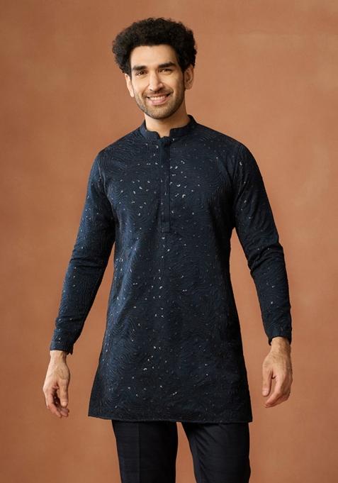 Blue Embroidered Silk Blend Kurta For Men