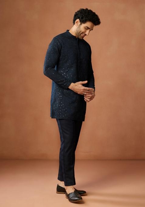 Blue Embroidered Silk Blend Kurta For Men