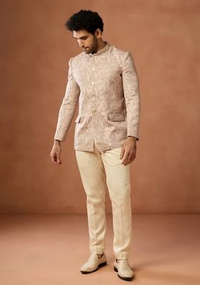Beige Textured Silk Blend Bandhgala Set For Men