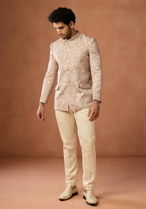 Beige Textured Silk Blend Bandhgala Set For Men — view on Indya