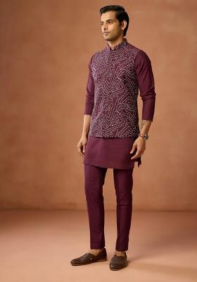 Wine Embroidered Silk Blend Jacket For Men