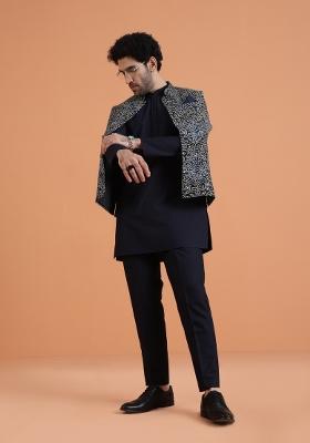 Blue Printed Silk Blend Jacket For Men