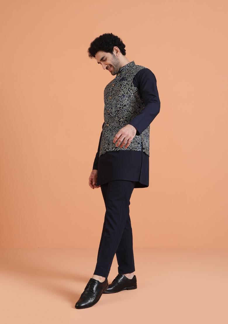 Blue Printed Silk Blend Jacket For Men - Indya