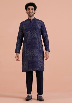 Blue Printed Silk Blend Kurta For Men