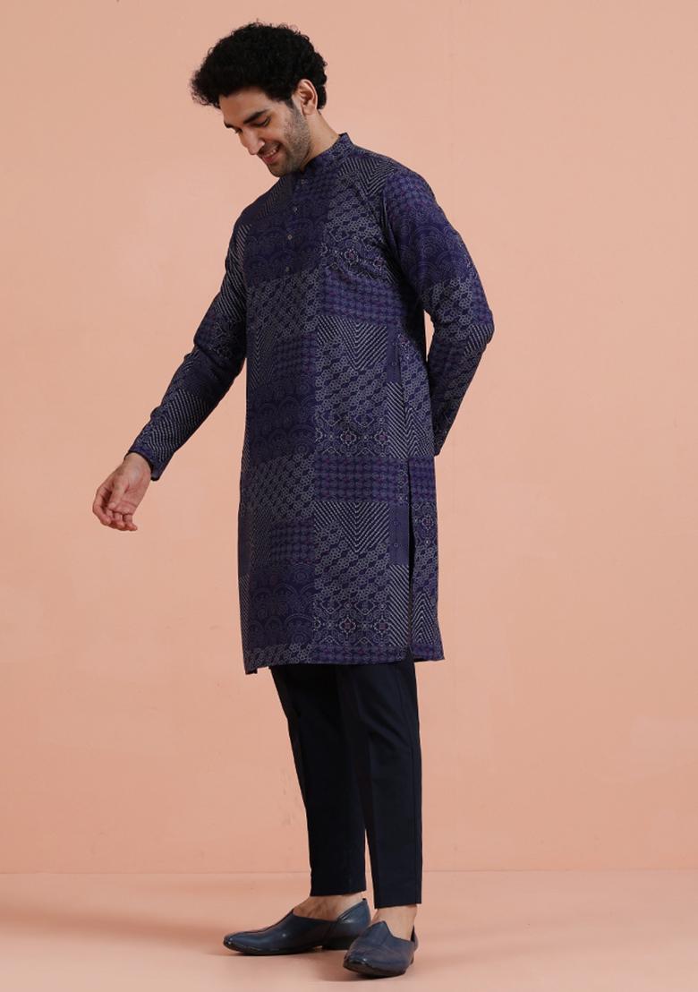 Blue Printed Silk Blend Kurta For Men