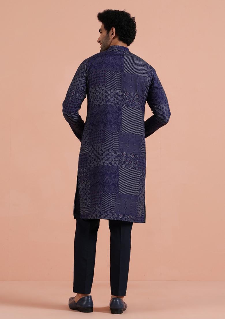 Blue Printed Silk Blend Kurta For Men