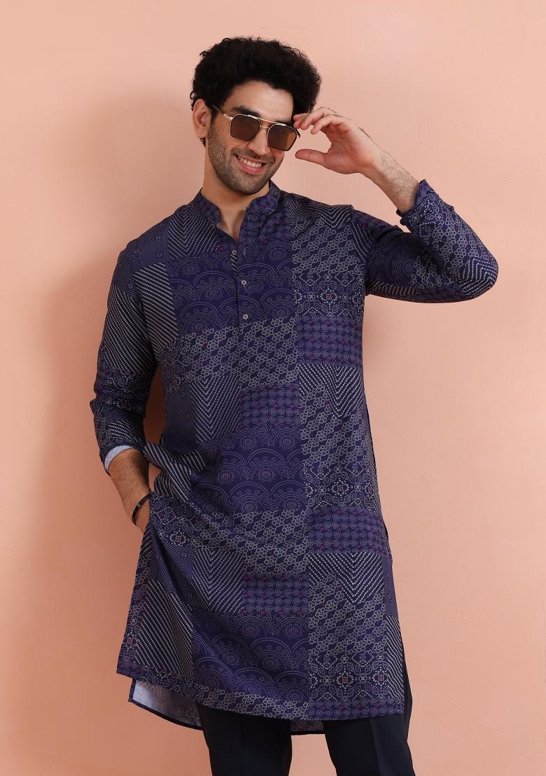 Blue Printed Silk Blend Kurta For Men