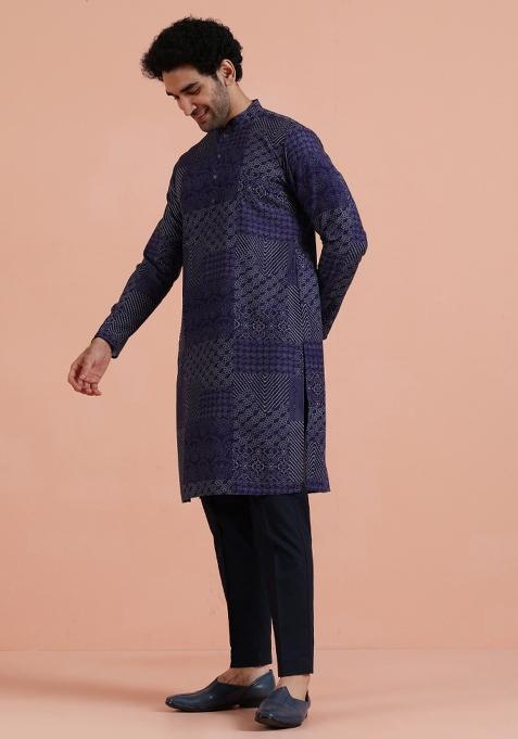 Blue Printed Silk Blend Kurta For Men