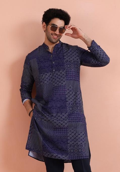 Blue Printed Silk Blend Kurta For Men