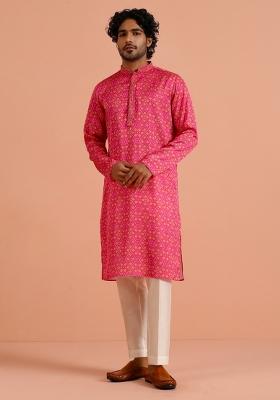 Pink Printed Silk Blend Kurta For Men