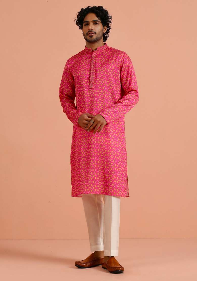 Pink Printed Silk Blend Kurta For Men - Indya