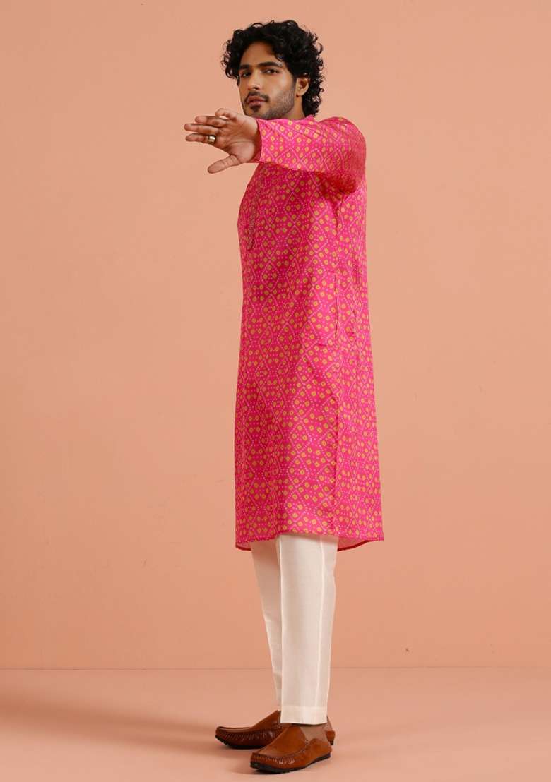Pink Printed Silk Blend Kurta For Men - Indya