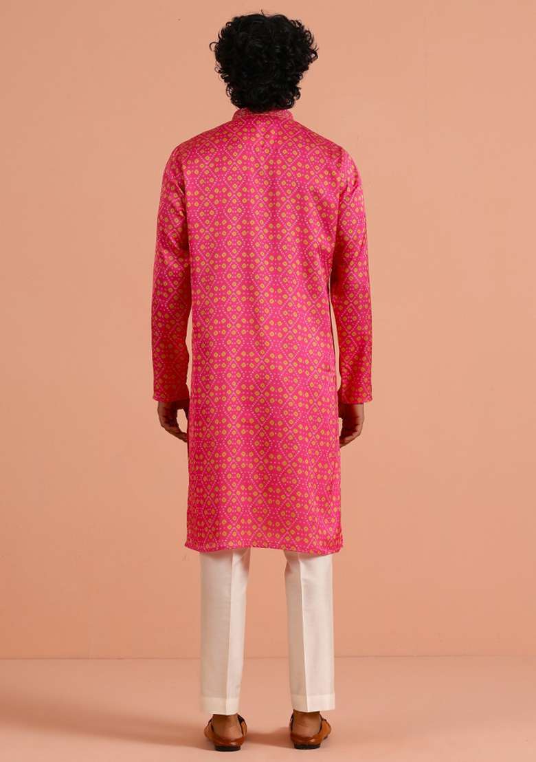 Pink Printed Silk Blend Kurta For Men - Indya