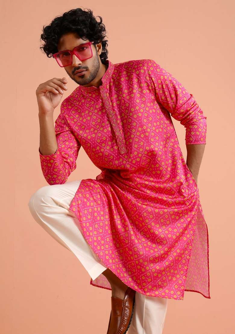 Pink Printed Silk Blend Kurta For Men - Indya