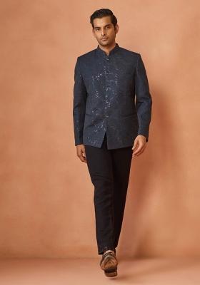 Blue Embellished Silk Blend Bandhgala Set For Men