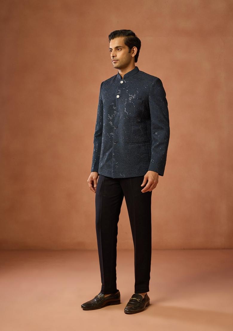 Blue Embellished Silk Blend Bandhgala Set For Men - Indya