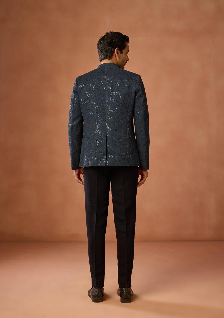 Blue Embellished Silk Blend Bandhgala Set For Men