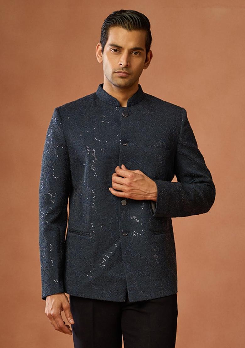 Blue Embellished Silk Blend Bandhgala Set For Men - Indya