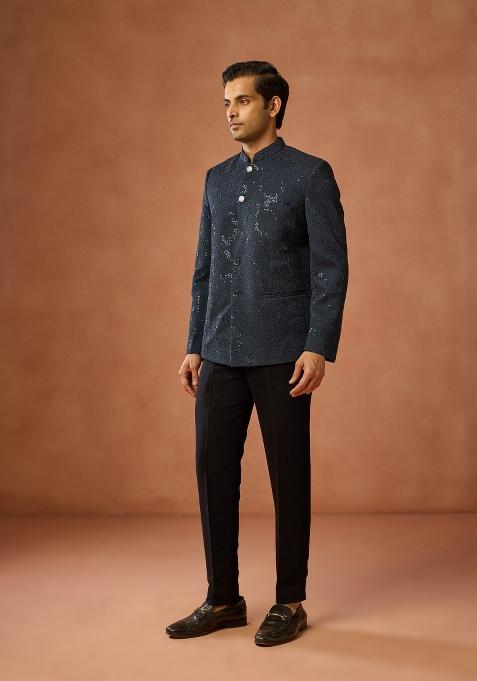 Blue Embellished Silk Blend Bandhgala Set For Men