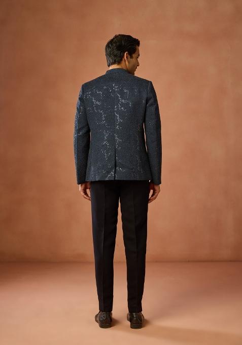 Blue Embellished Silk Blend Bandhgala Set For Men