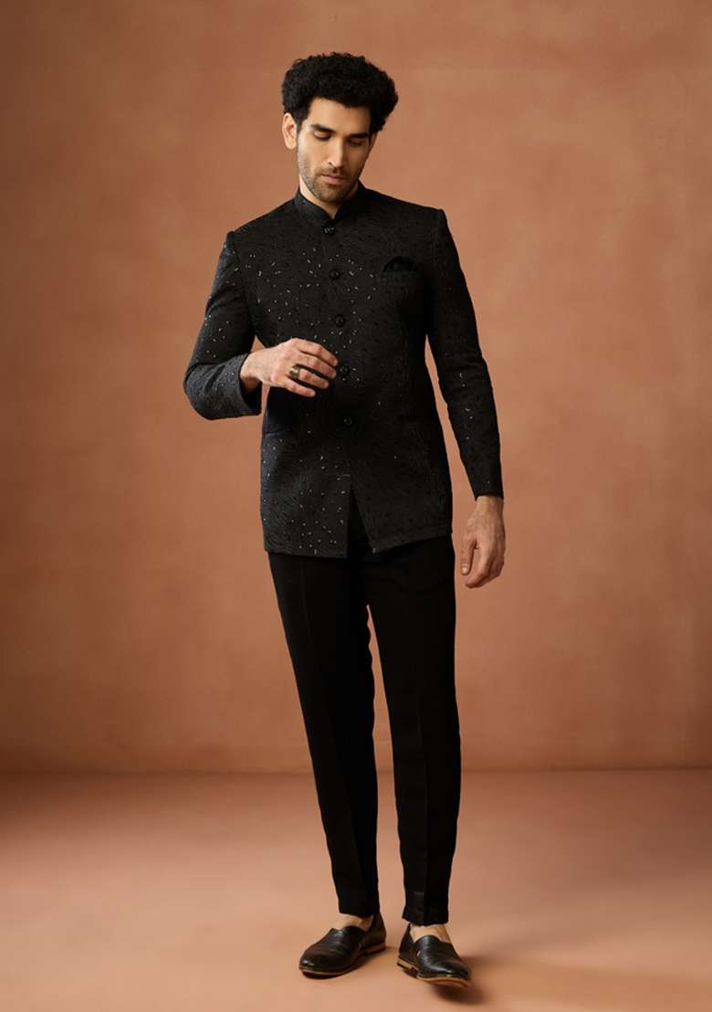 Black Textured Silk Blend Bandhgala Set For Men - Indya