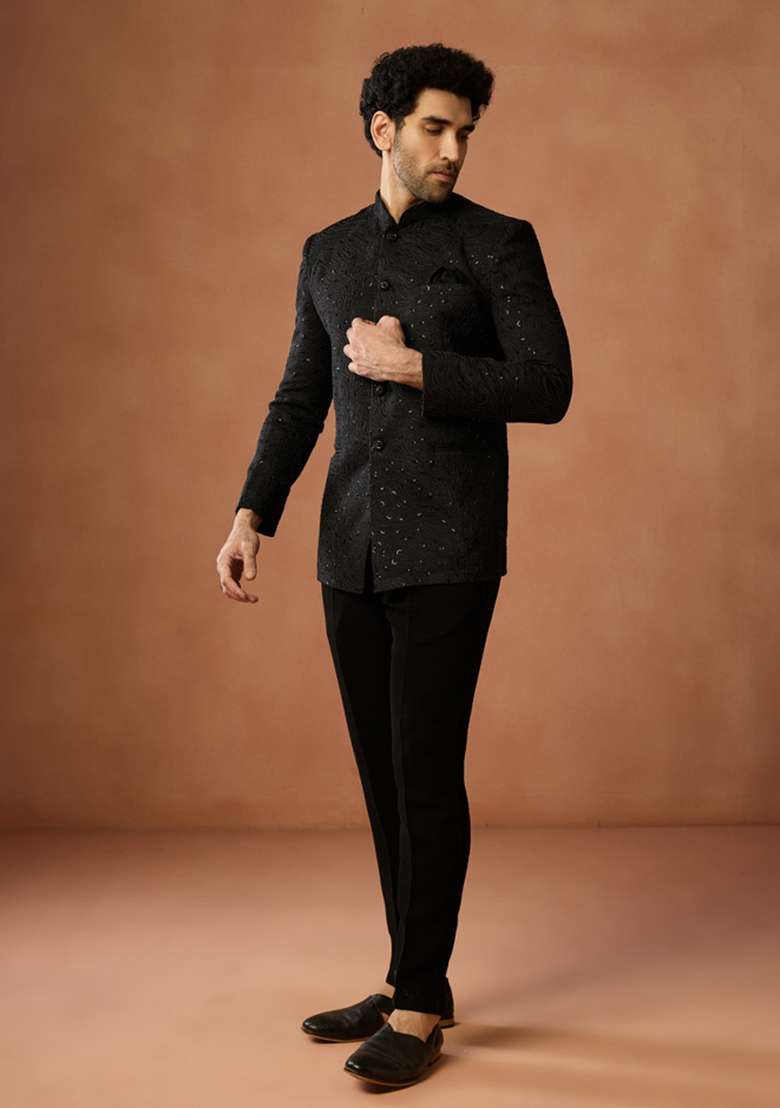 Black Textured Silk Blend Bandhgala Set For Men - Indya