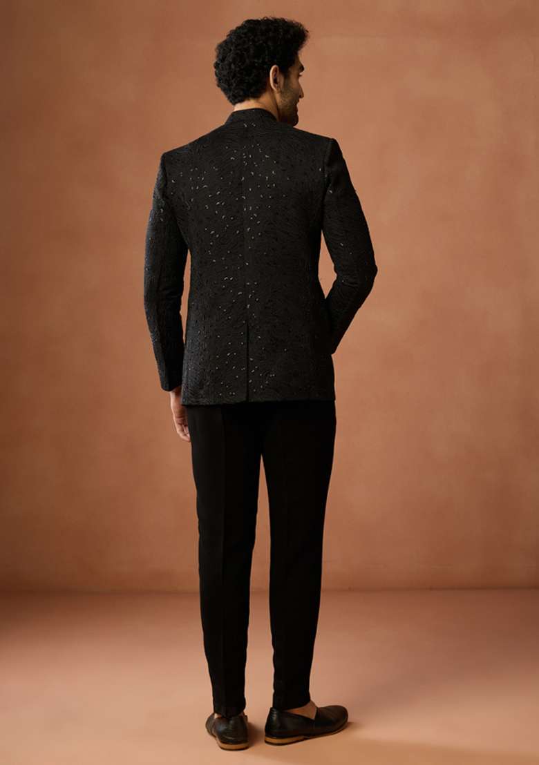 Black Textured Silk Blend Bandhgala Set For Men - Indya