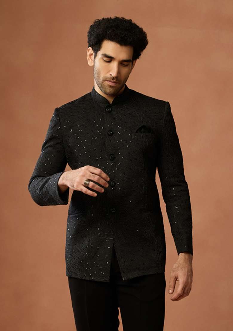 Black Textured Silk Blend Bandhgala Set For Men - Indya