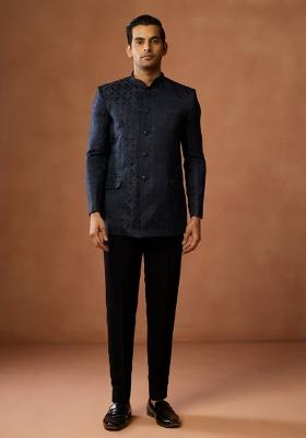 Blue Textured Silk Blend Bandhgala Set For Men