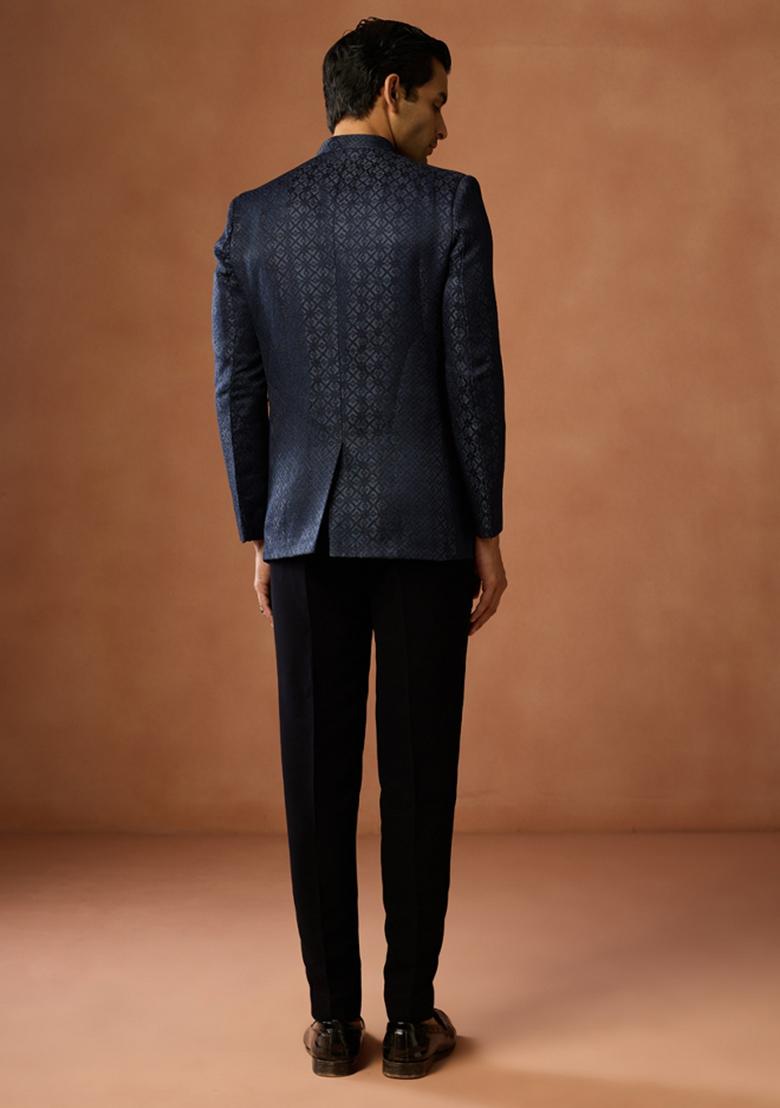 Blue Textured Silk Blend Bandhgala Set For Men