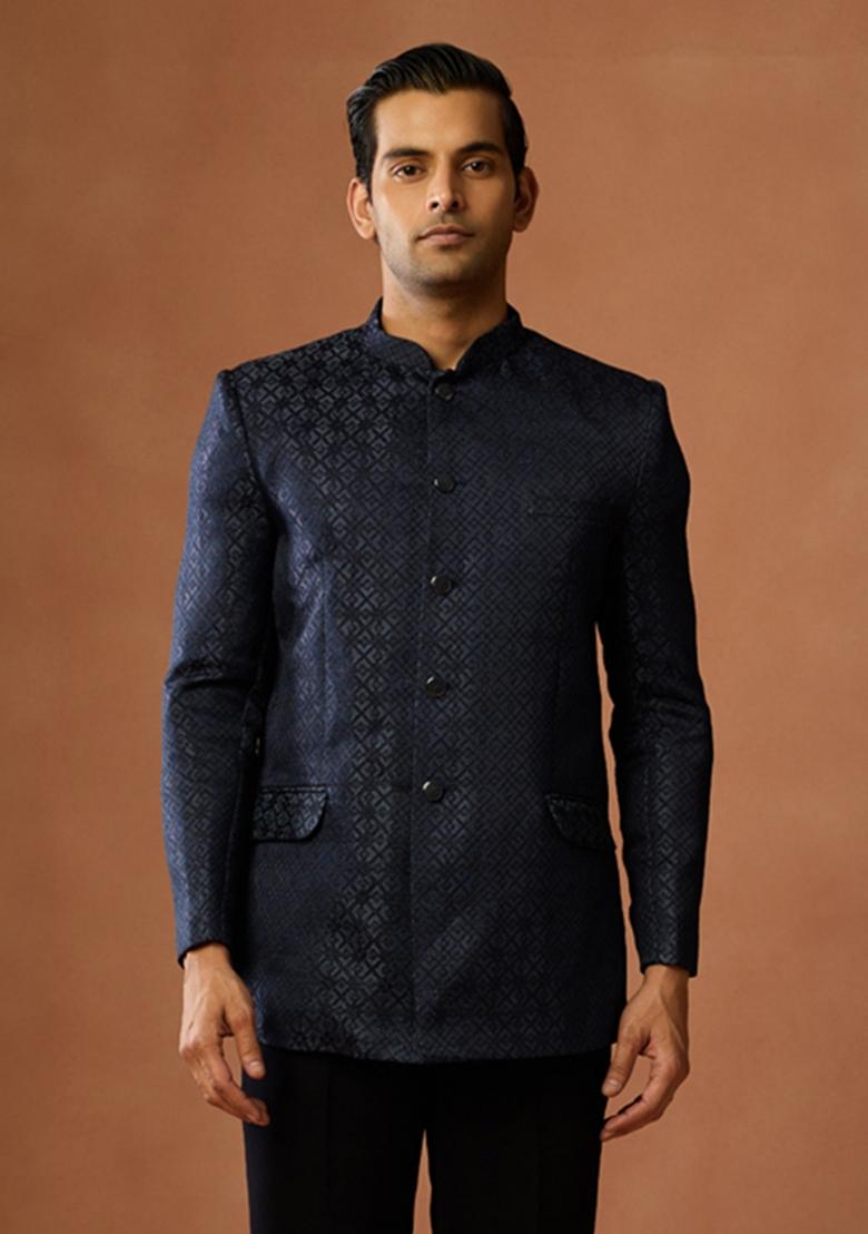 Blue Textured Silk Blend Bandhgala Set For Men