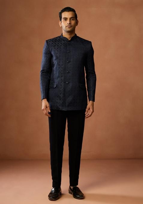 Blue Textured Silk Blend Bandhgala Set For Men