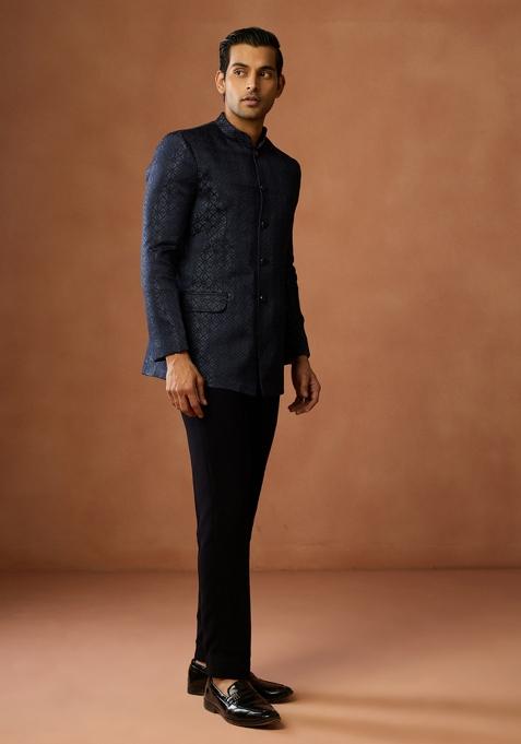 Blue Textured Silk Blend Bandhgala Set For Men