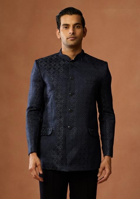 Blue Textured Silk Blend Bandhgala Set For Men