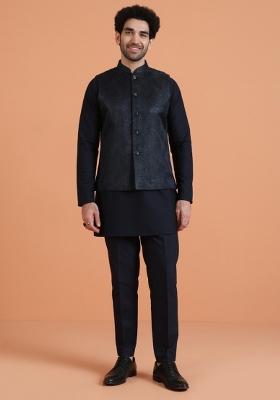 Blue Textured Silk Blend Jacket For Men