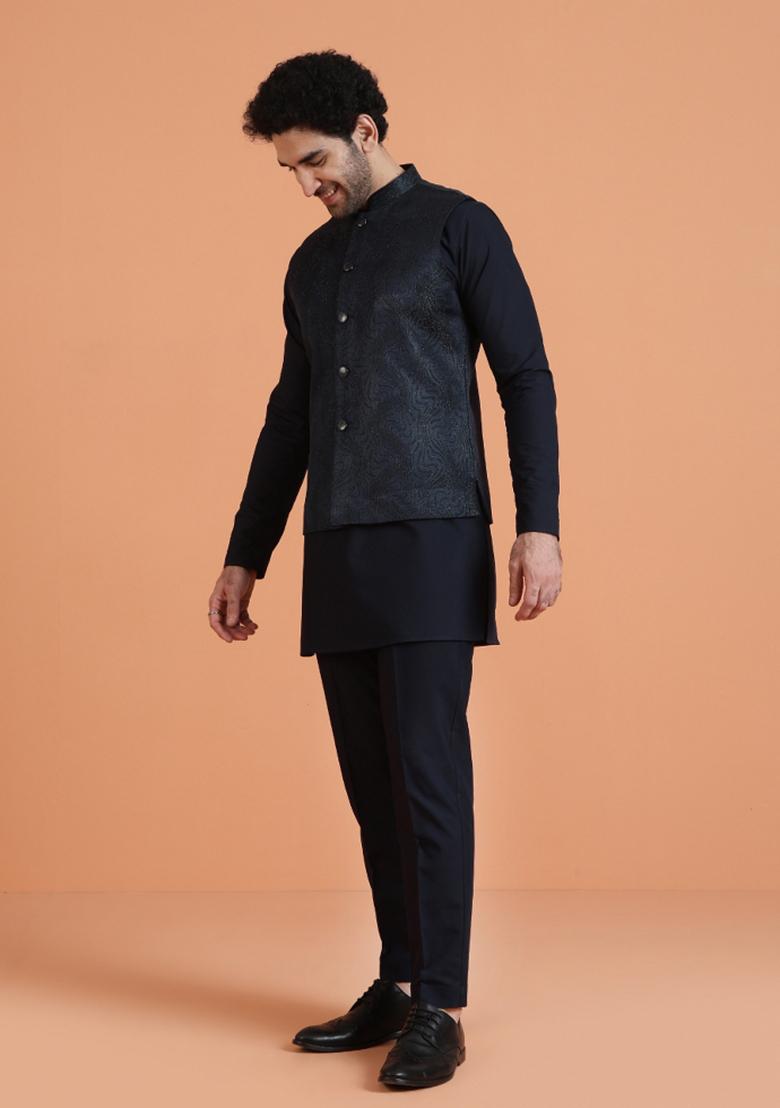 Blue Textured Silk Blend Jacket For Men - Indya