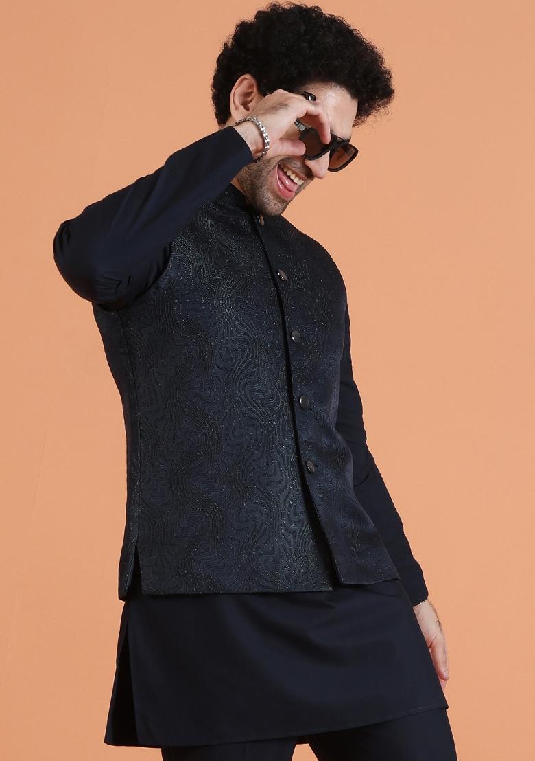 Blue Textured Silk Blend Jacket For Men - Indya