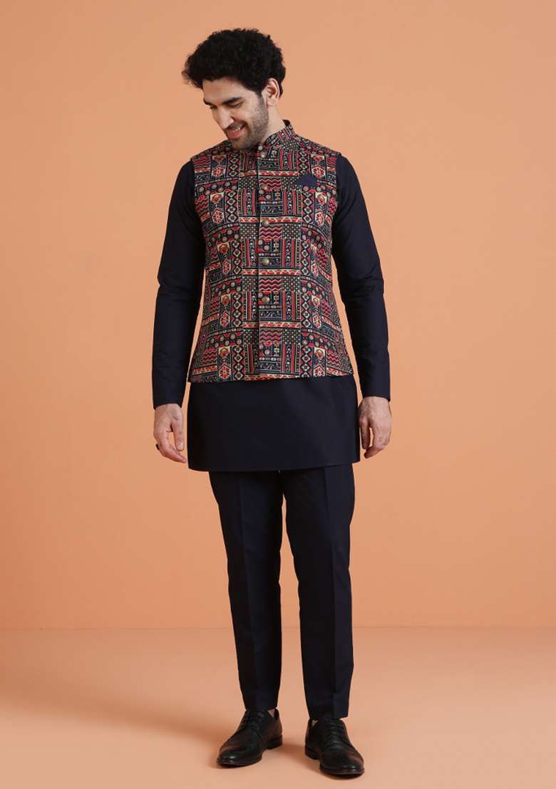 Multicolor Printed Silk Blend Jacket For Men - Indya