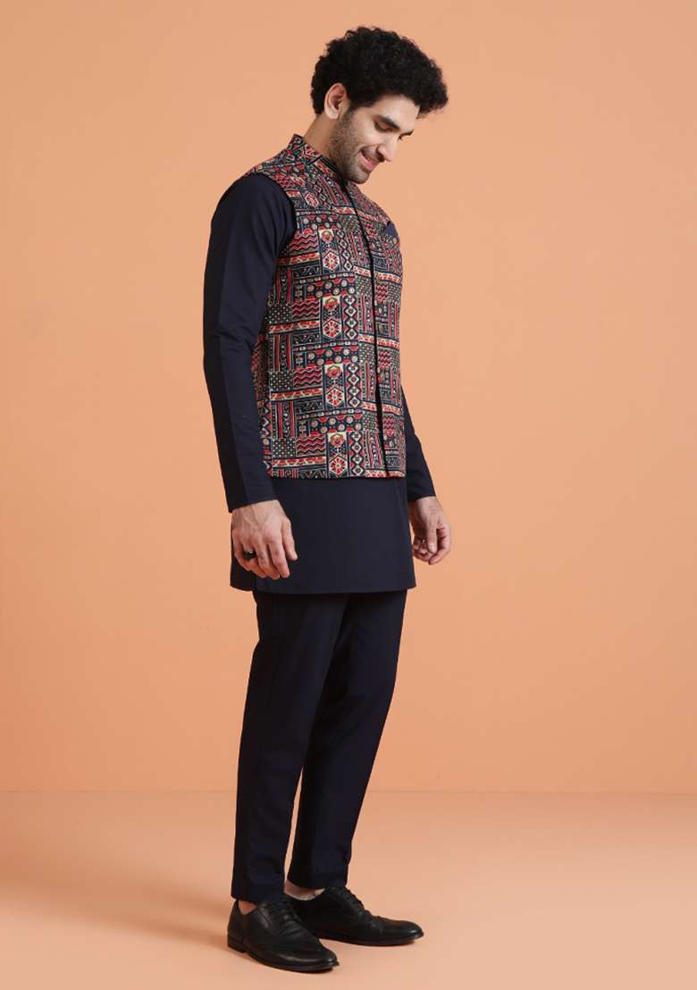 Multicolor Printed Silk Blend Jacket For Men - Indya