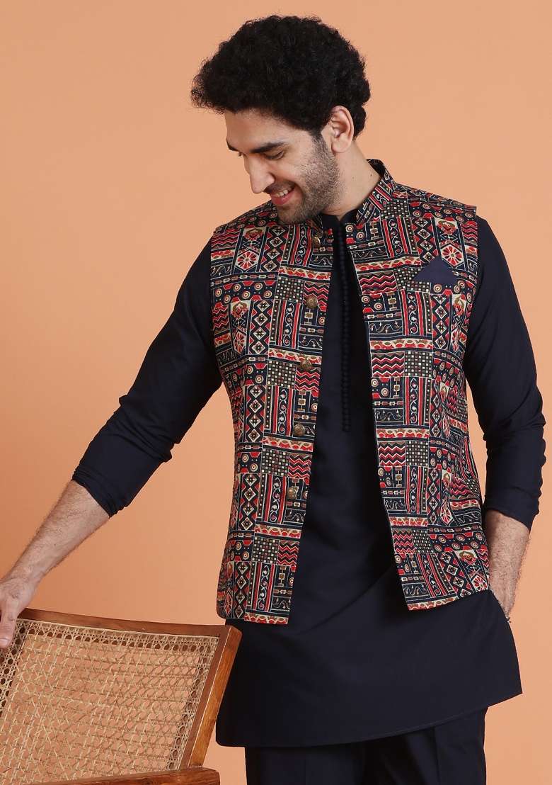 Multicolor Printed Silk Blend Jacket For Men - Indya