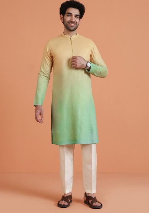Beige Ombre Silk Blend Kurta For Men — view on Indya