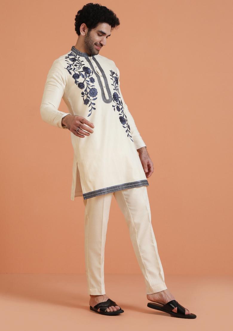 Cream Embroidered Silk Blend Kurta For Men