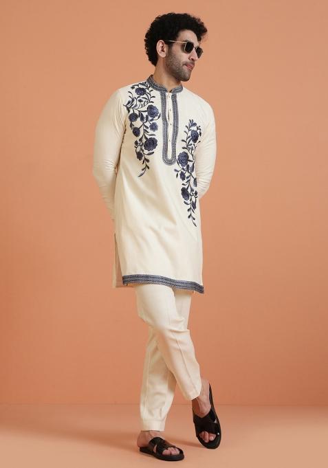 Cream Embroidered Silk Blend Kurta For Men