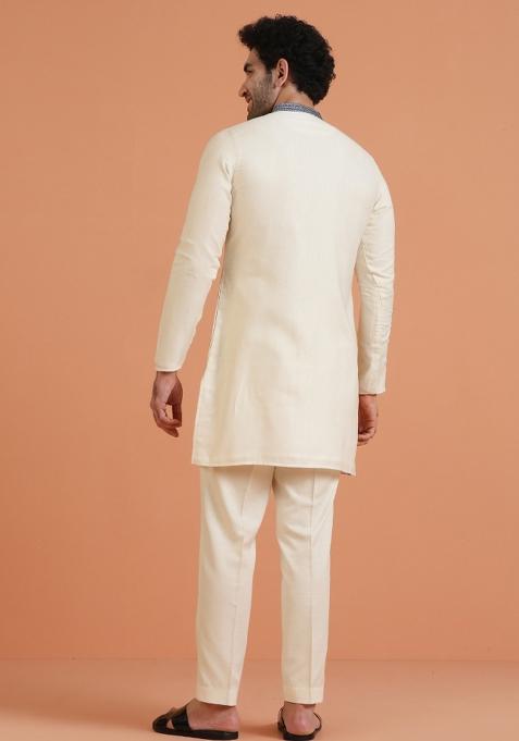 Cream Embroidered Silk Blend Kurta For Men