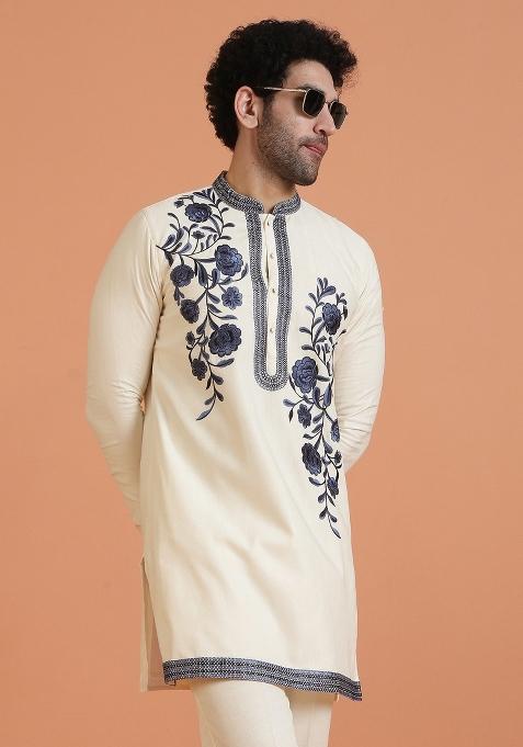 Cream Embroidered Silk Blend Kurta For Men
