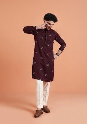 Maroon Embroidered Silk Blend Kurta For Men