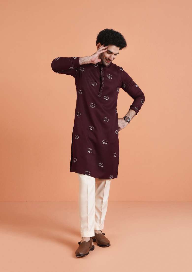 Maroon Embroidered Silk Blend Kurta For Men - Indya