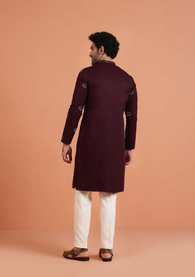 Maroon Embroidered Silk Blend Kurta For Men - Indya