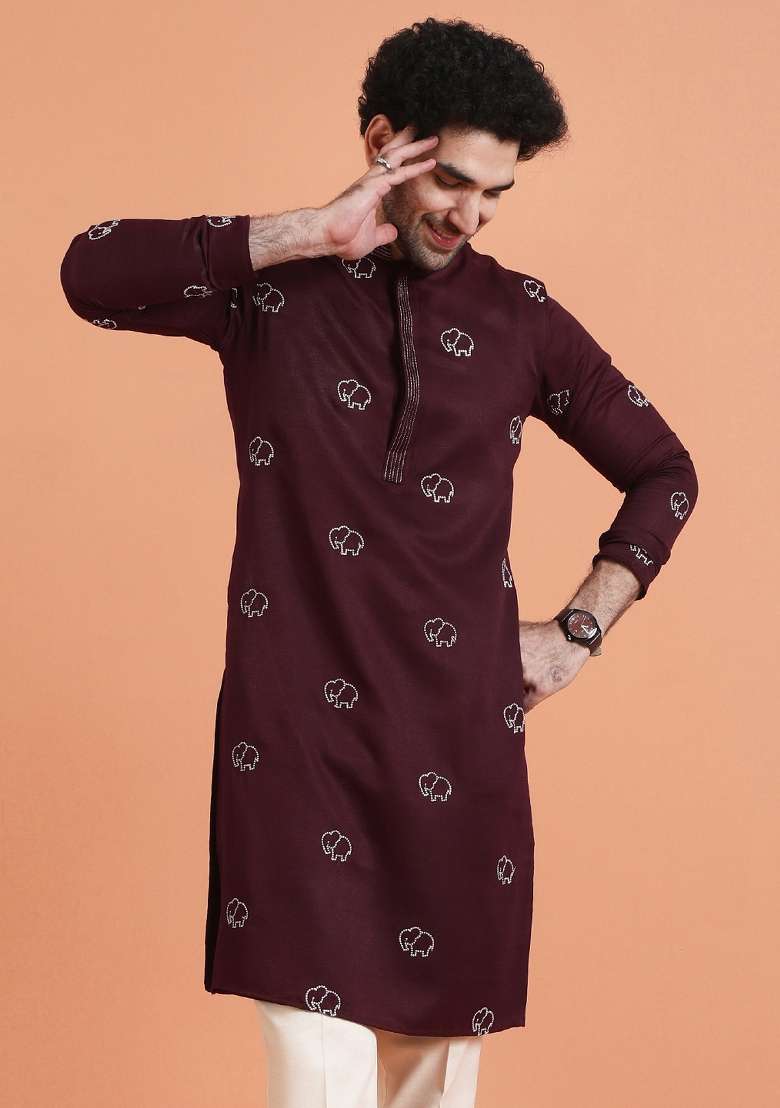 Maroon Embroidered Silk Blend Kurta For Men - Indya