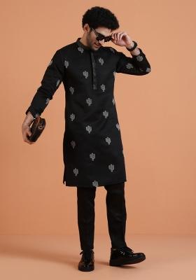 Black Embroidered Silk Blend Kurta For Men